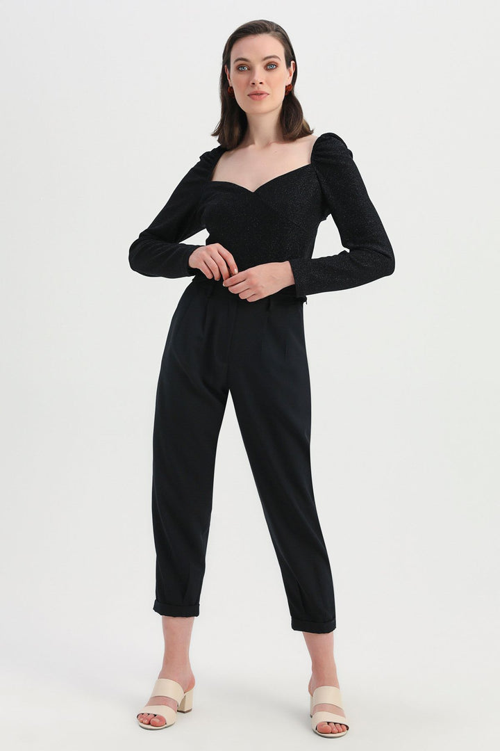 V-Neck Silvery Blouse Black