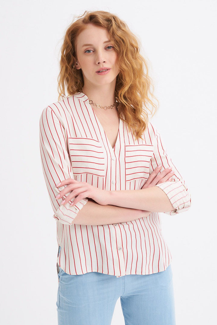 Çizgili Cepli Keten Gömlek Kırmızı