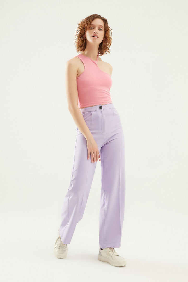 Pile Detaylı Palazzo Pantolon Lila