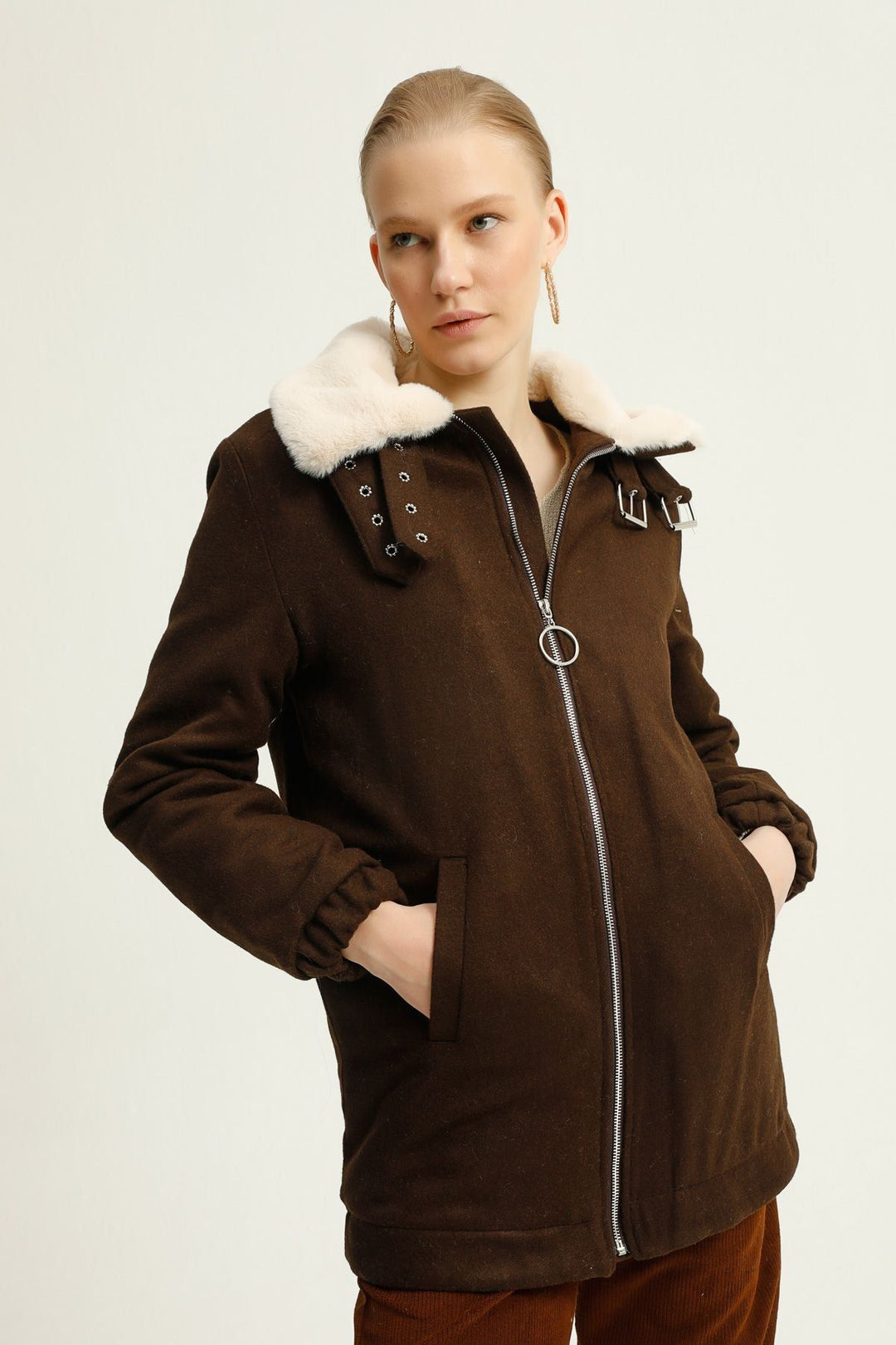 Furry Collar Zippered Coat Dark Brown
