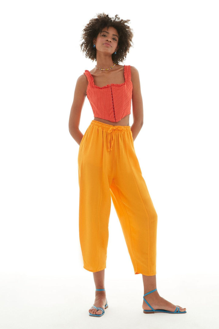 Beli Lastikli Keten Pantolon Turuncu