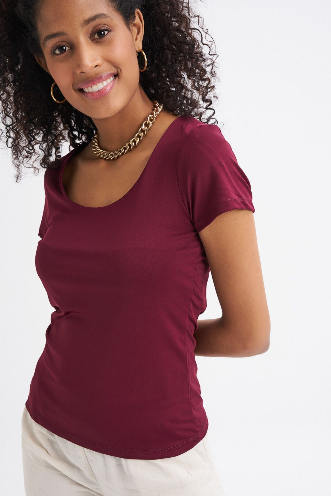 Short Sleeve Basic Blouse Plum