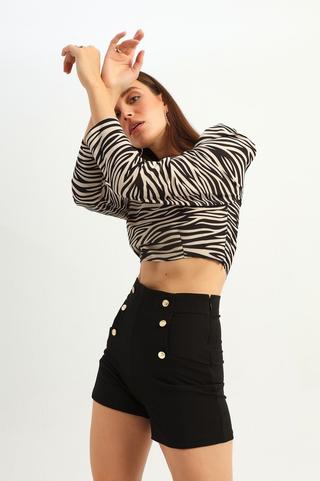 Zebre Patterned Crop Blouse Beige