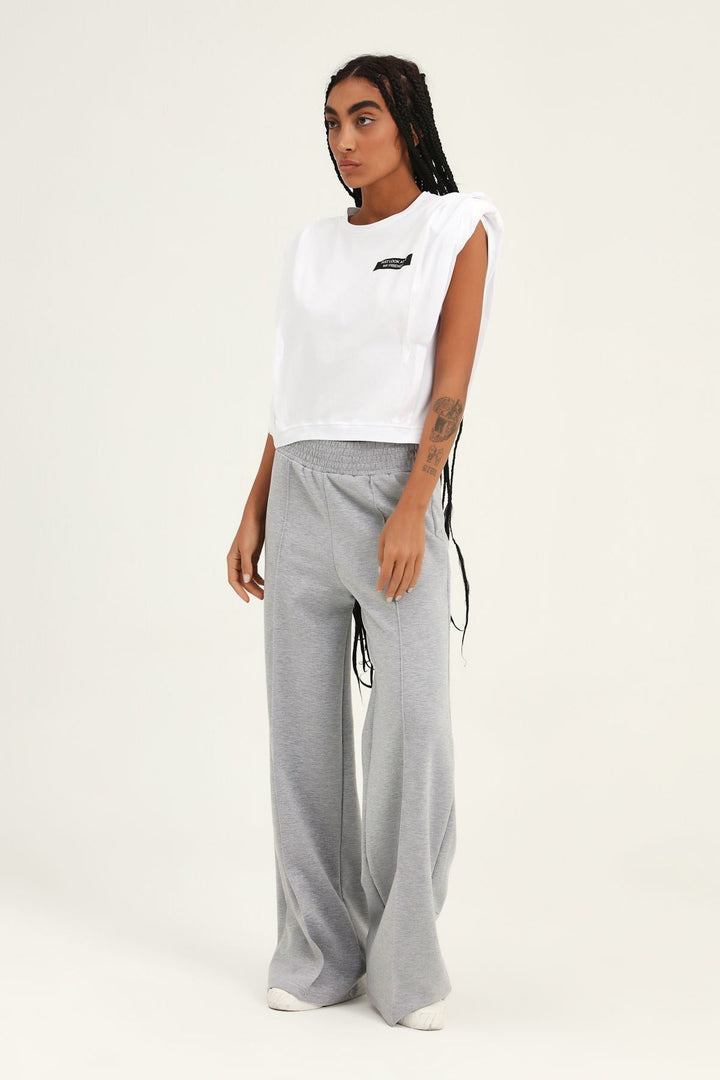 Baskılı Vatkalı Crop Tişört Beyaz