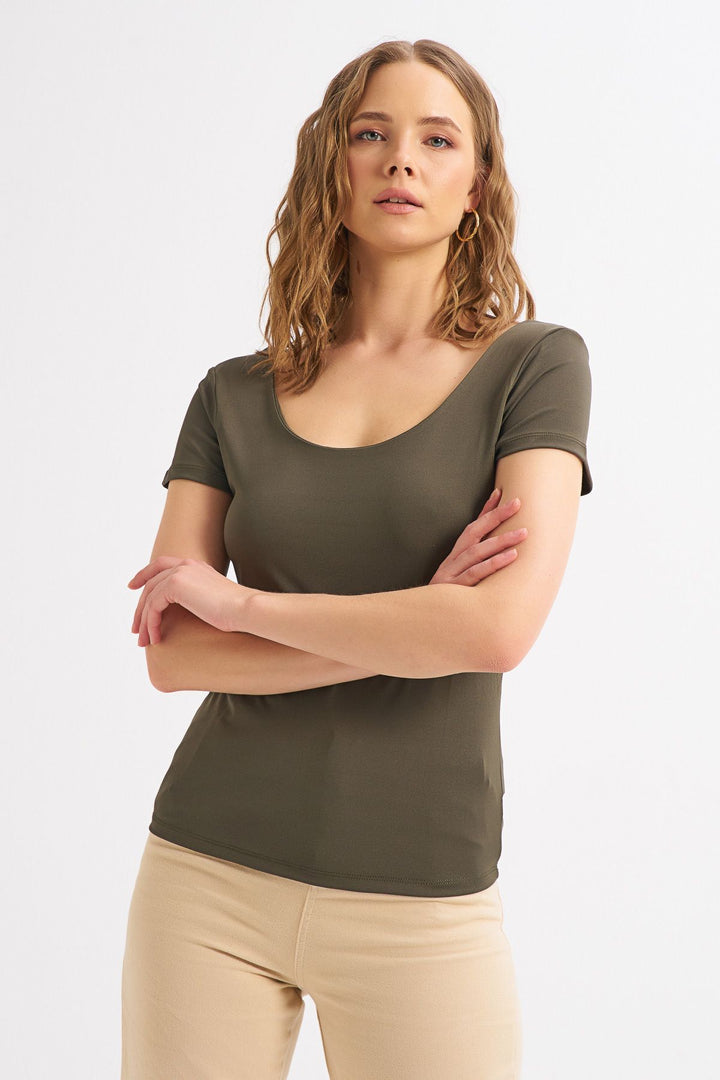 Short Sleeve Basic Blouse Khaki