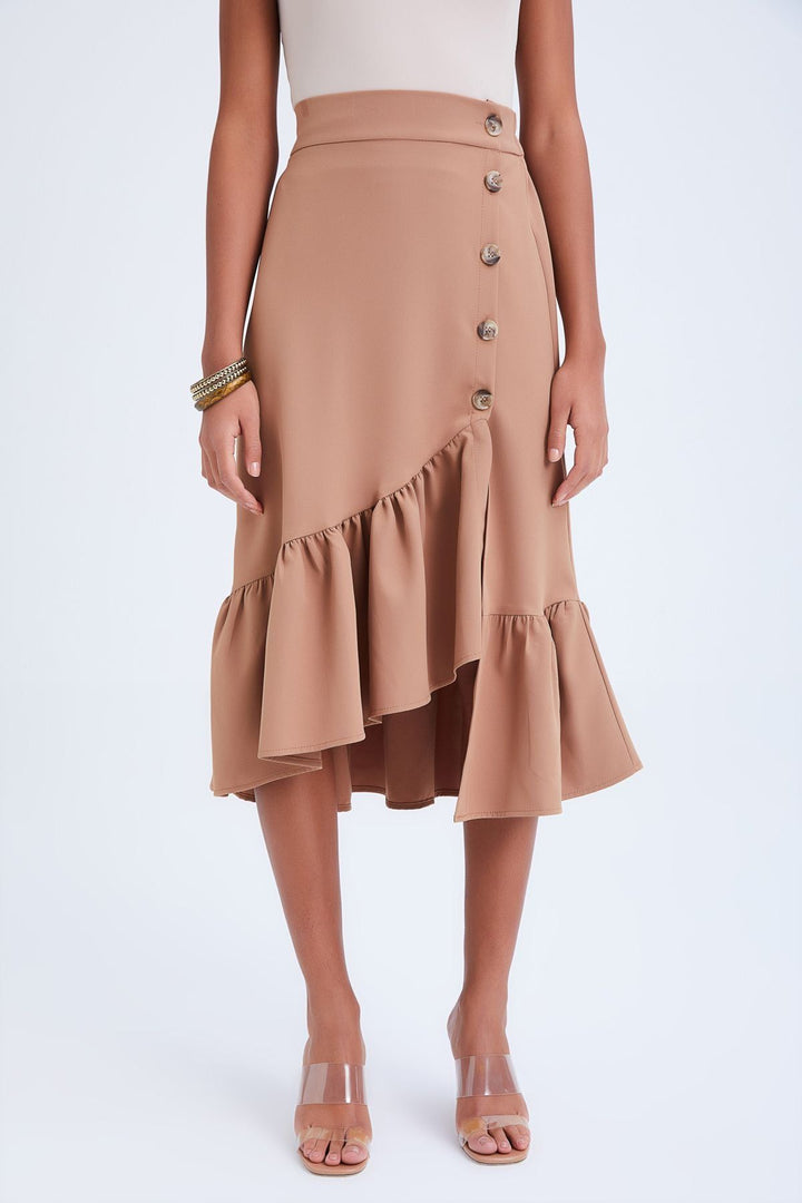 Button Detailed Frilly Skirt Camel