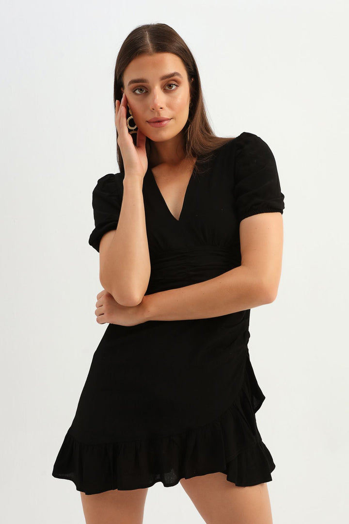 V Neck Gipeli Wrapped Dress Black