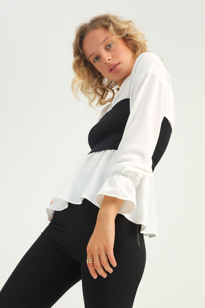 V Yaka Garnili Bluz Ekru