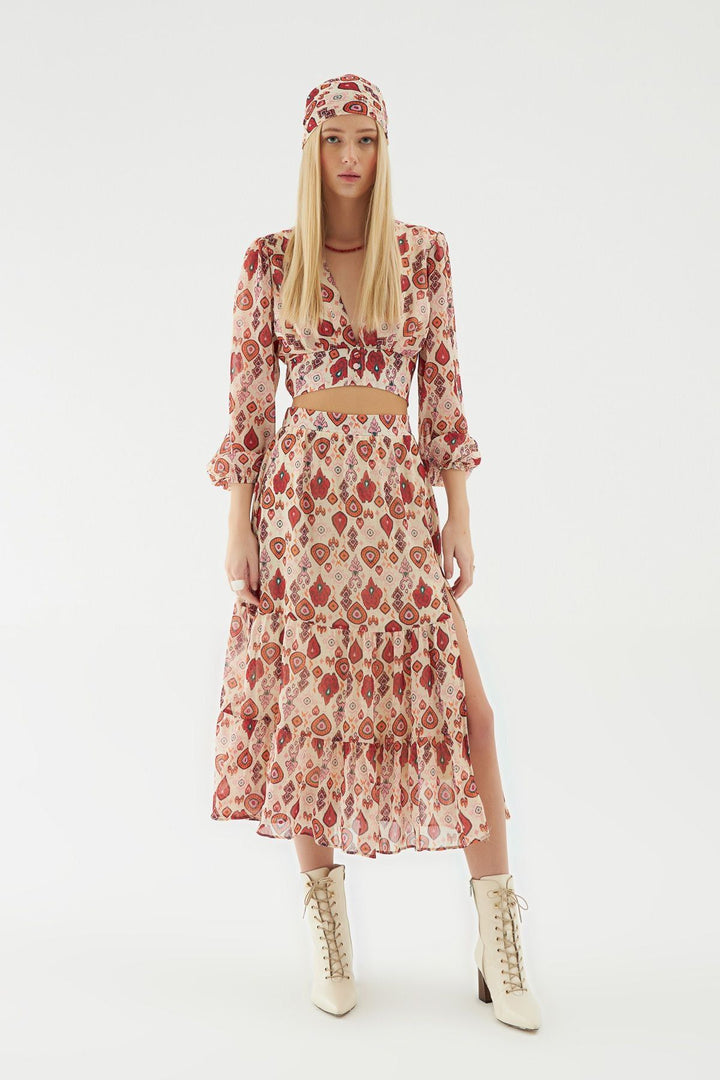 Tulle Detailed Slit Midi Skirt Beige