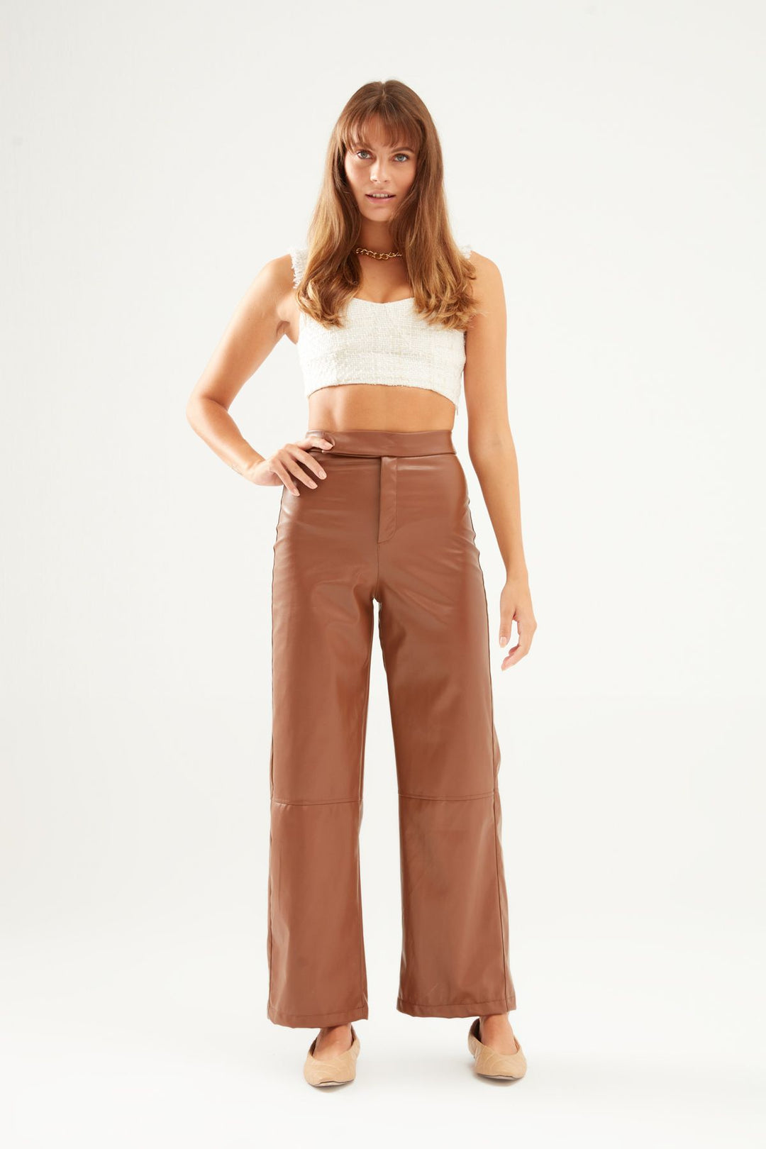 Geniş Paça Deri Pantolon Camel