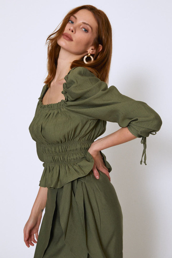 Watermelon Sleeve Square Collar Gipelli Blouse Khaki
