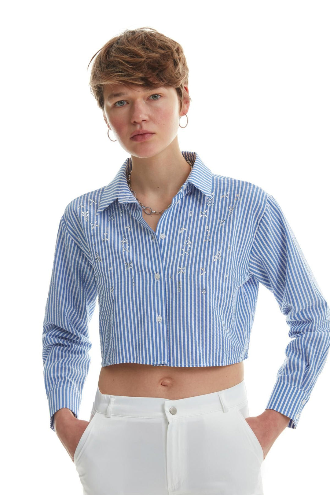 Striped Crop Shirt Blue