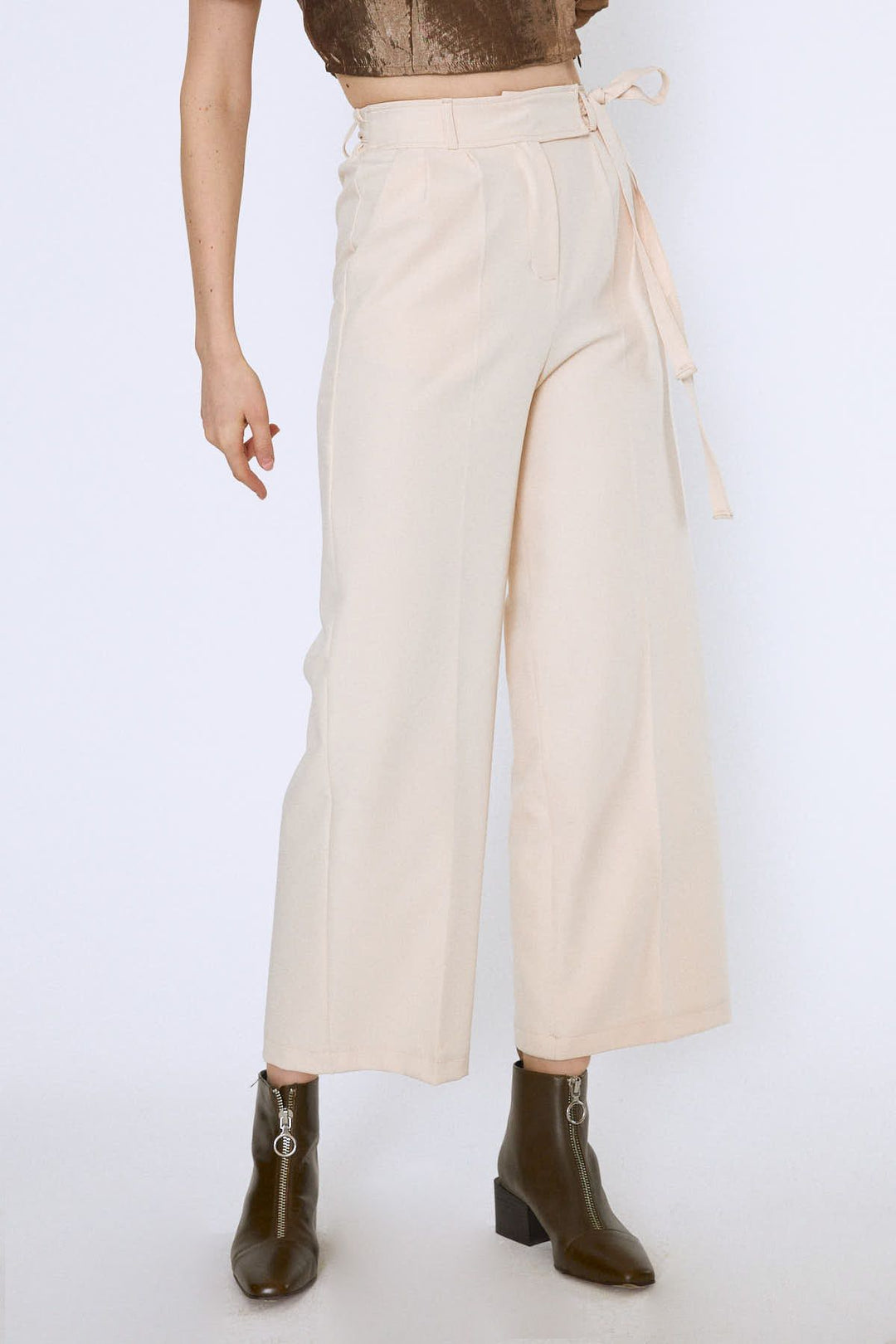 Tie Waist Wide Leg Trousers Bone