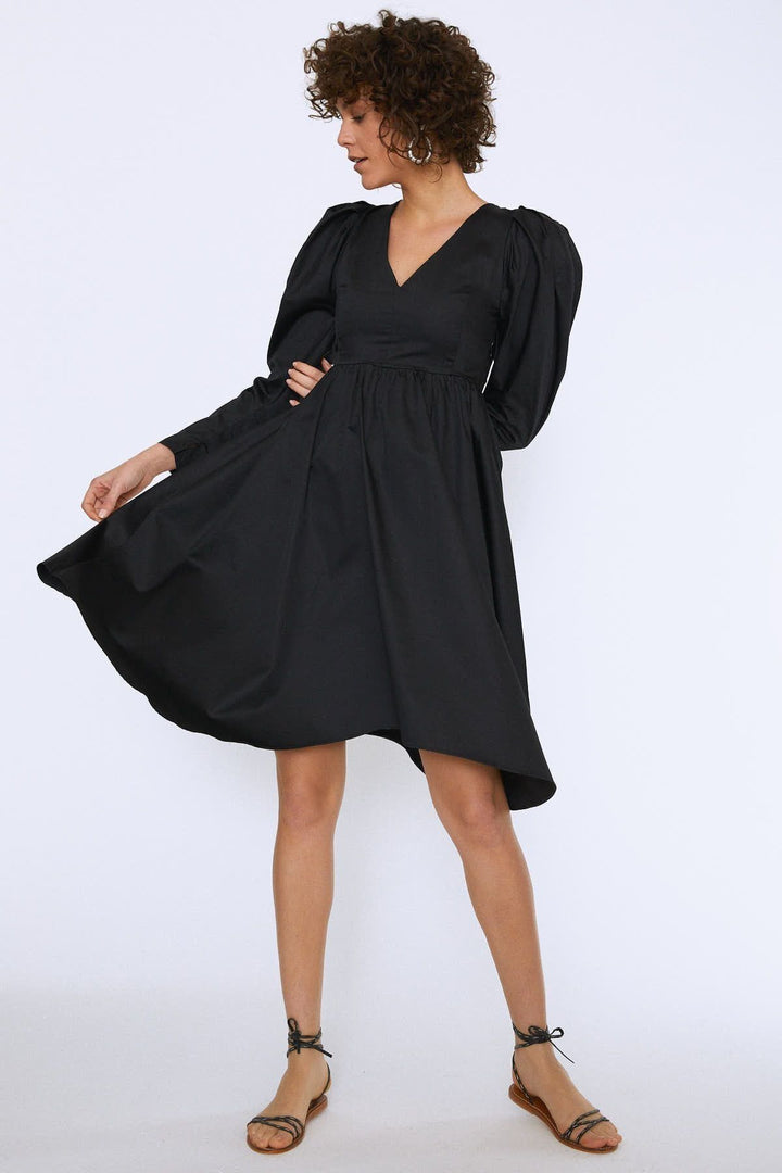 Balloon Sleeve V Neck Midi Dress Black