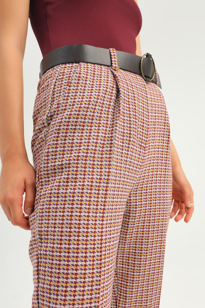 Çizgili Kemerli Pantolon Lila