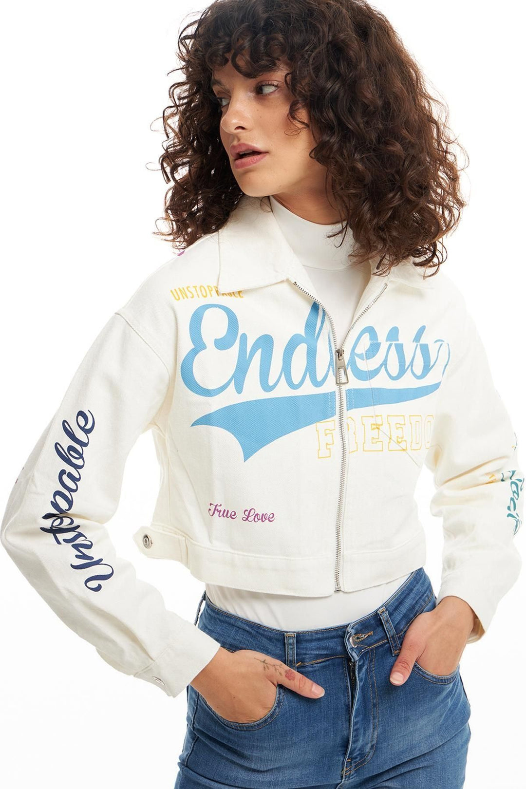 Printed Zipper Jacket Ecru