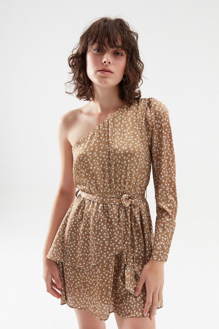 Tek Omuz Fırfırlı Mini Elbise Olive