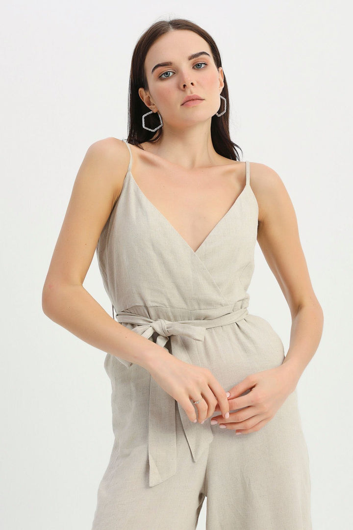 Askılı Beli Kuşaklı Keten Tulum Naturel