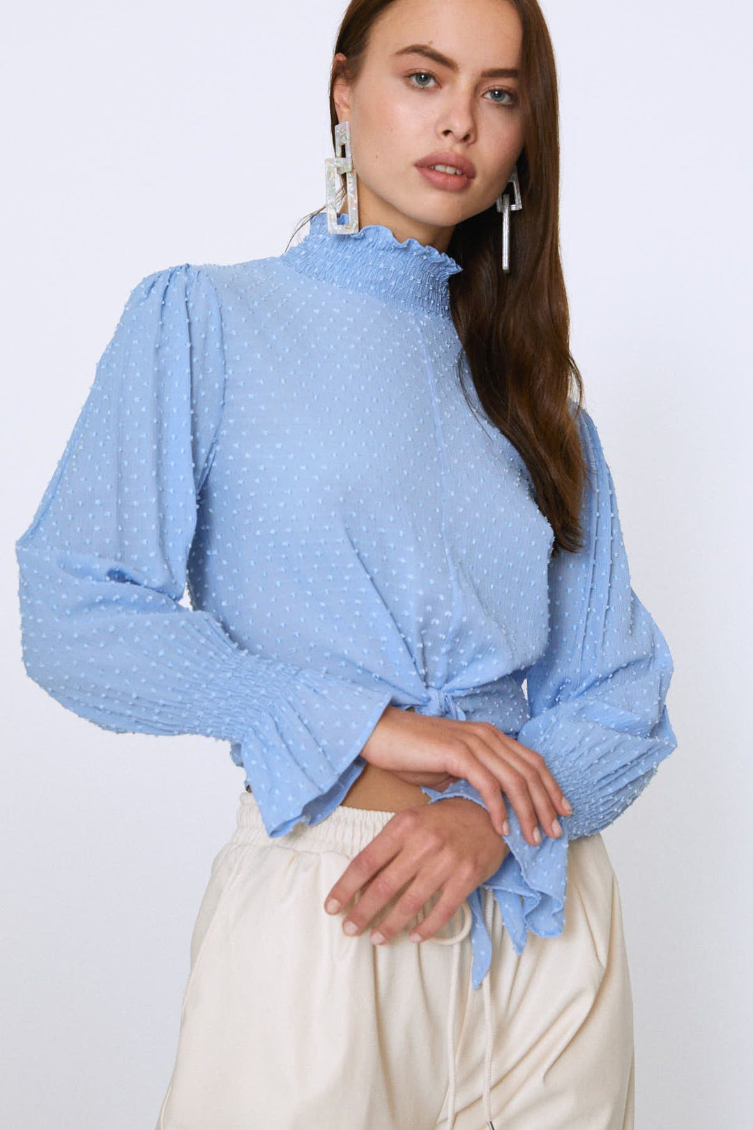 Tie Waist Long Sleeve Blouse Bebe Blue