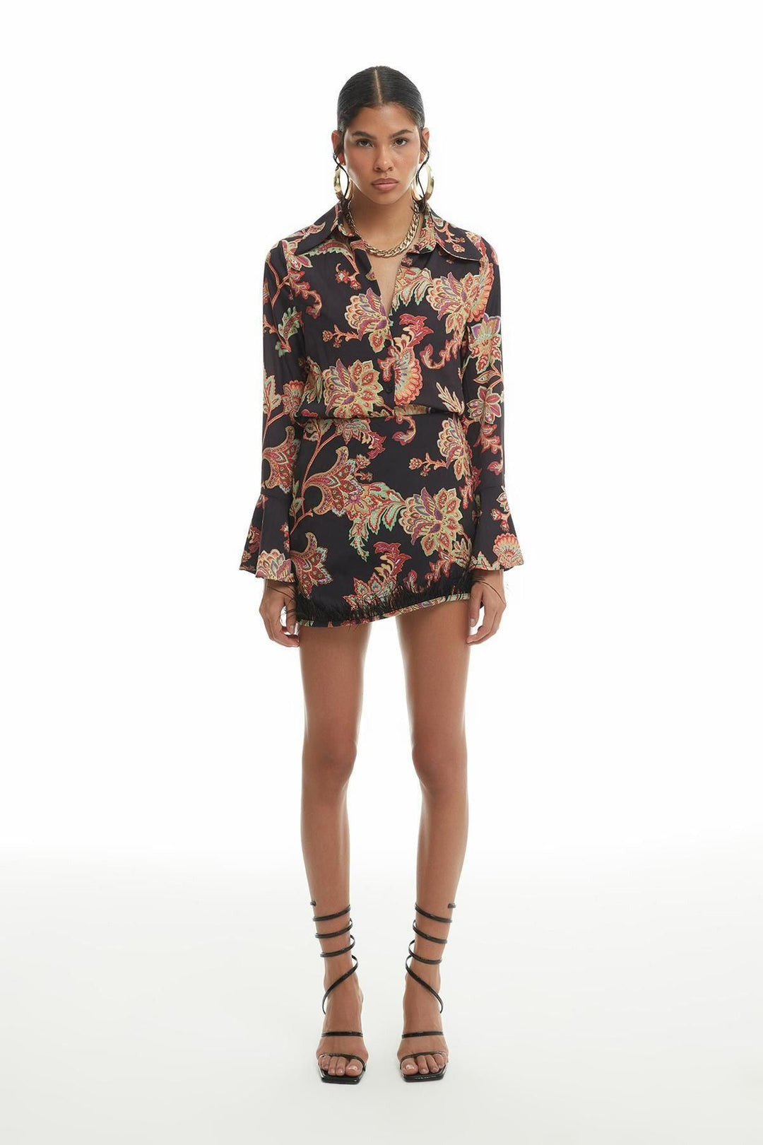 Ruffled Sleeves Patterned Shirt Black