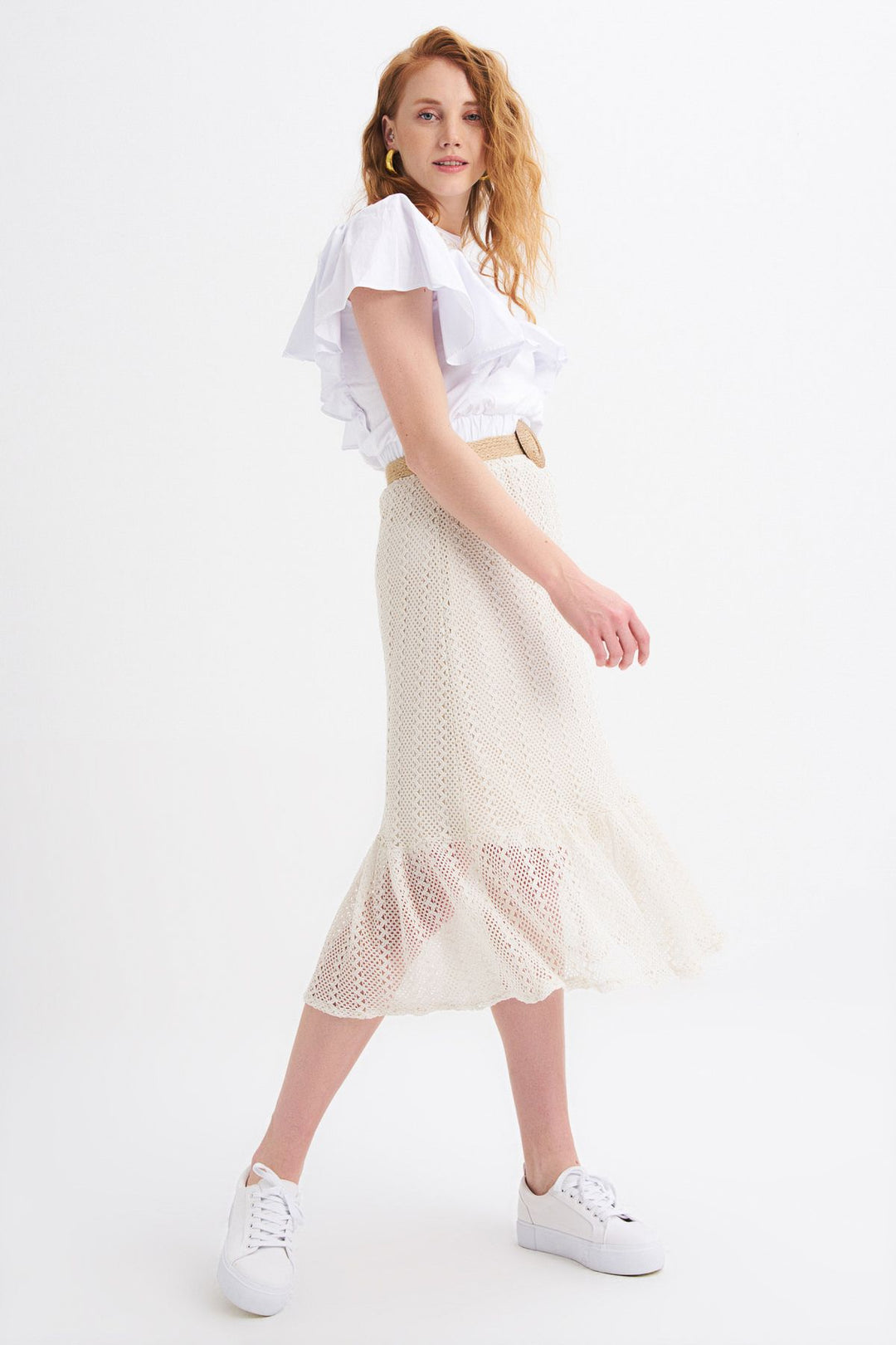 Straw Belt Detailed Guipure Skirt Ecru