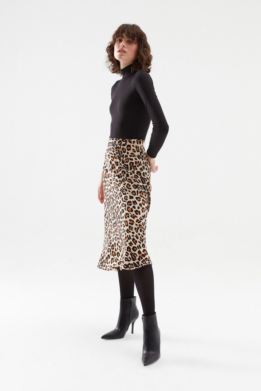 Leopard Satin Midi Skirt Beige
