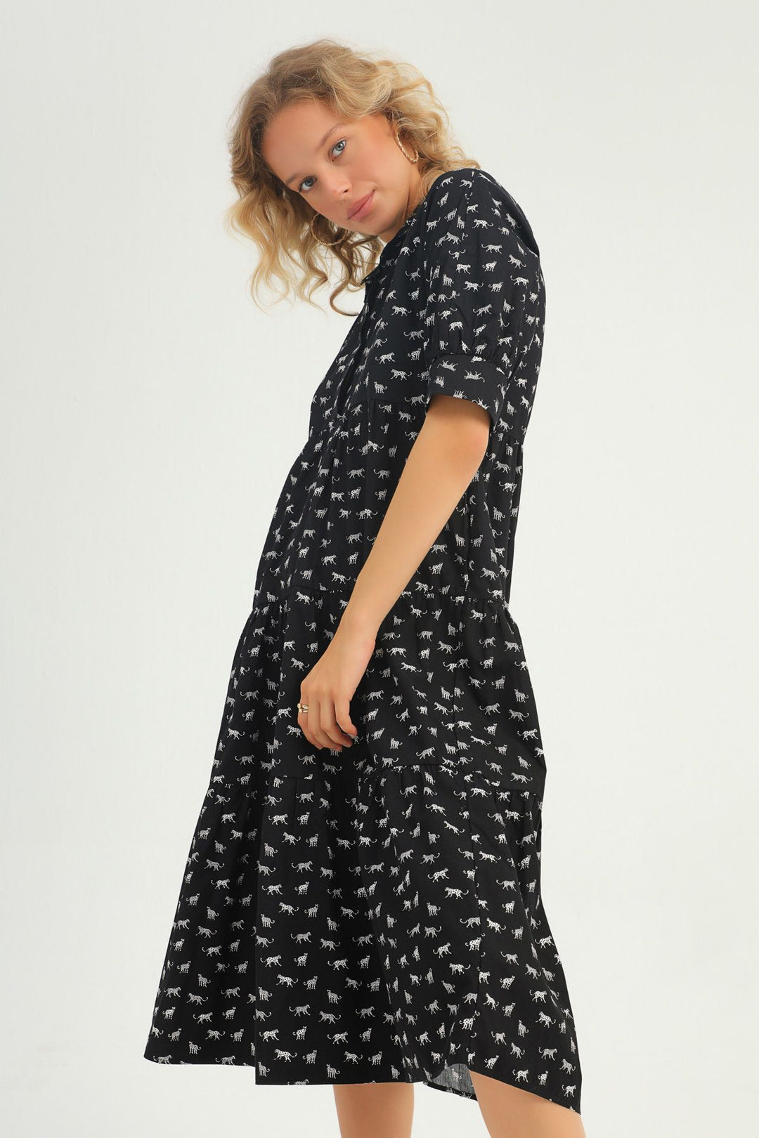 Patterned Shirt Collar Dress Black