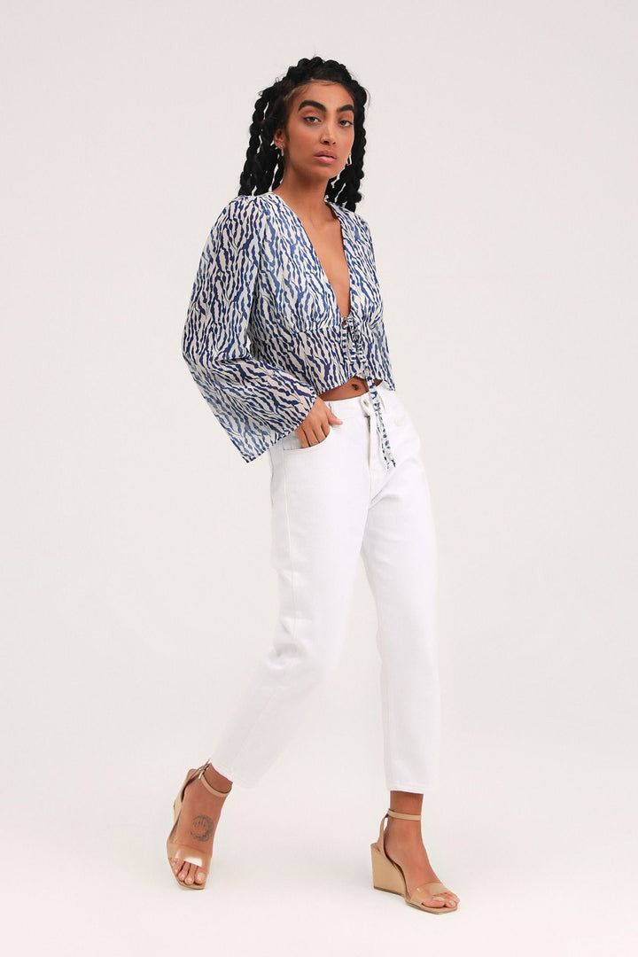 Desenli Önü Bağlamalı Bluz İndigo