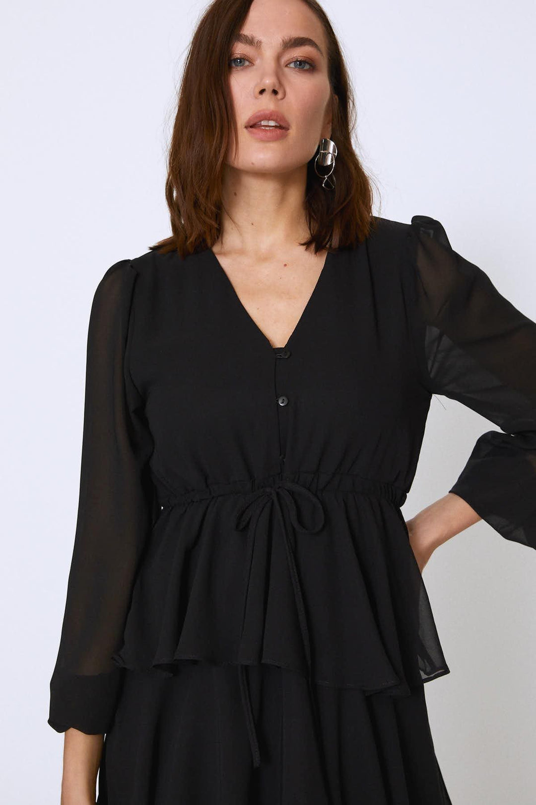 Eteği Katkat Şifon ELbise Siyah