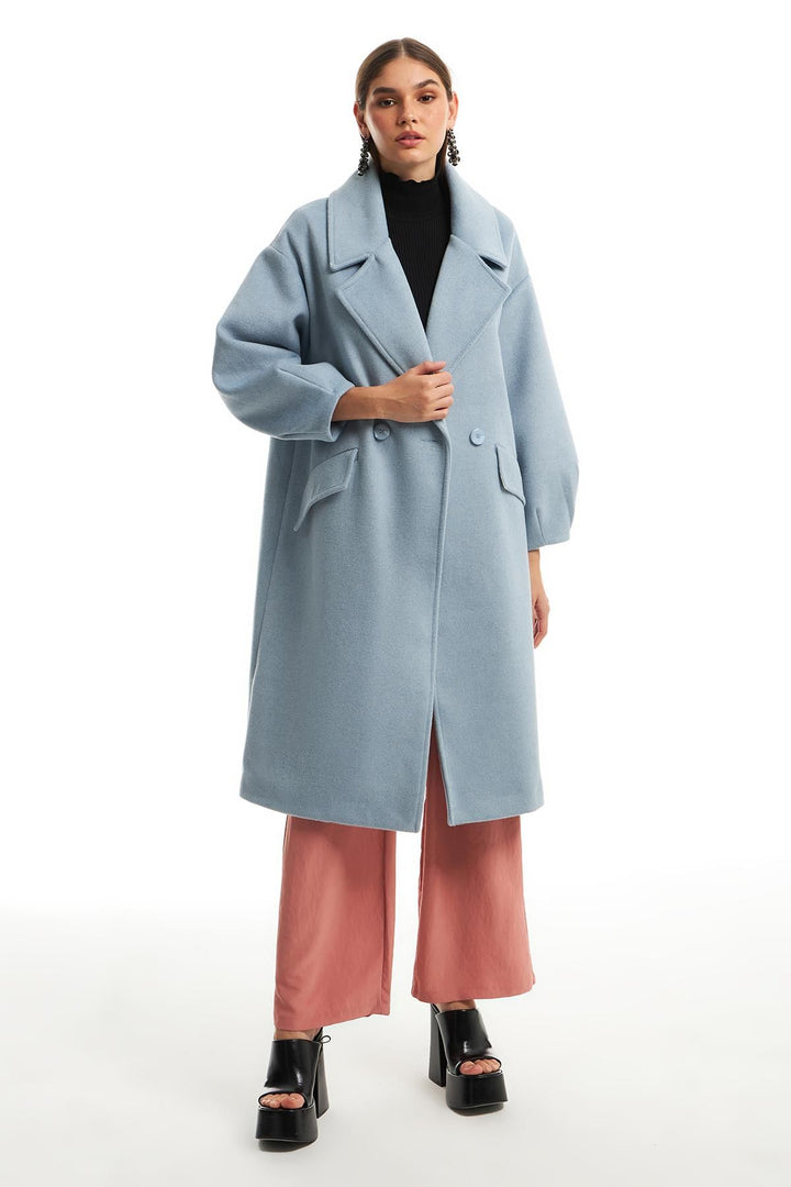 Double Breasted Collar Oversize Coat Blue