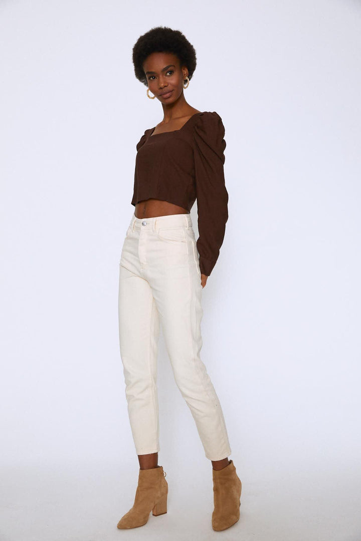 Watermelon Sleeve Square Collar Blouse Dark Brown