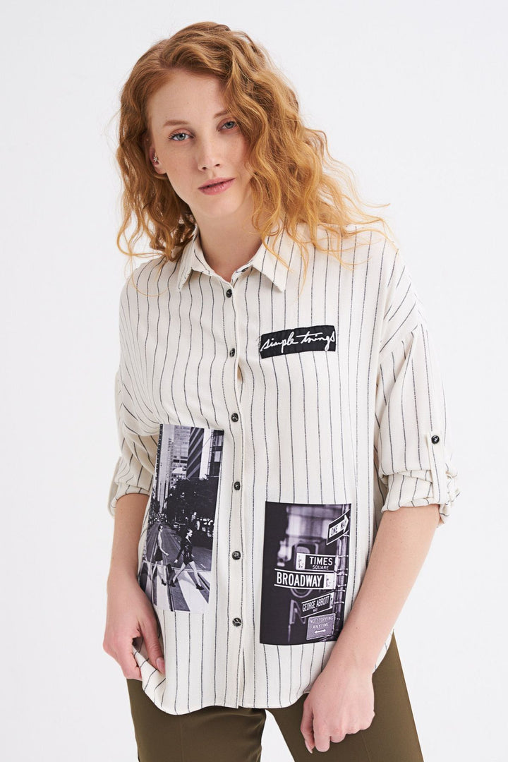 Nakış Detaylı Baskılı Çizgili Gömlek Ekru