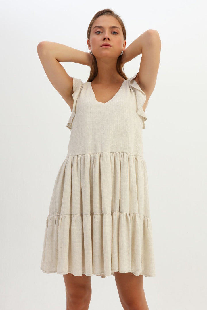 Ruffle V Neck Linen Dress Natural