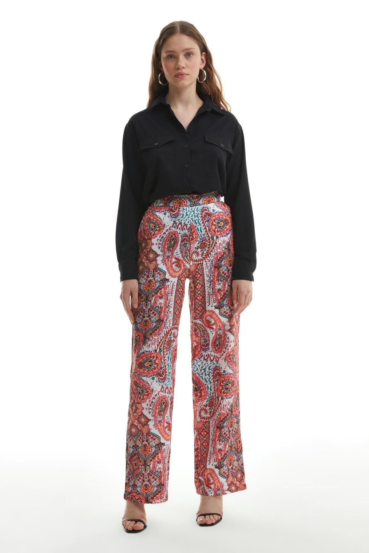 Colorful Patterned Wide Leg Trousers Fuchsia