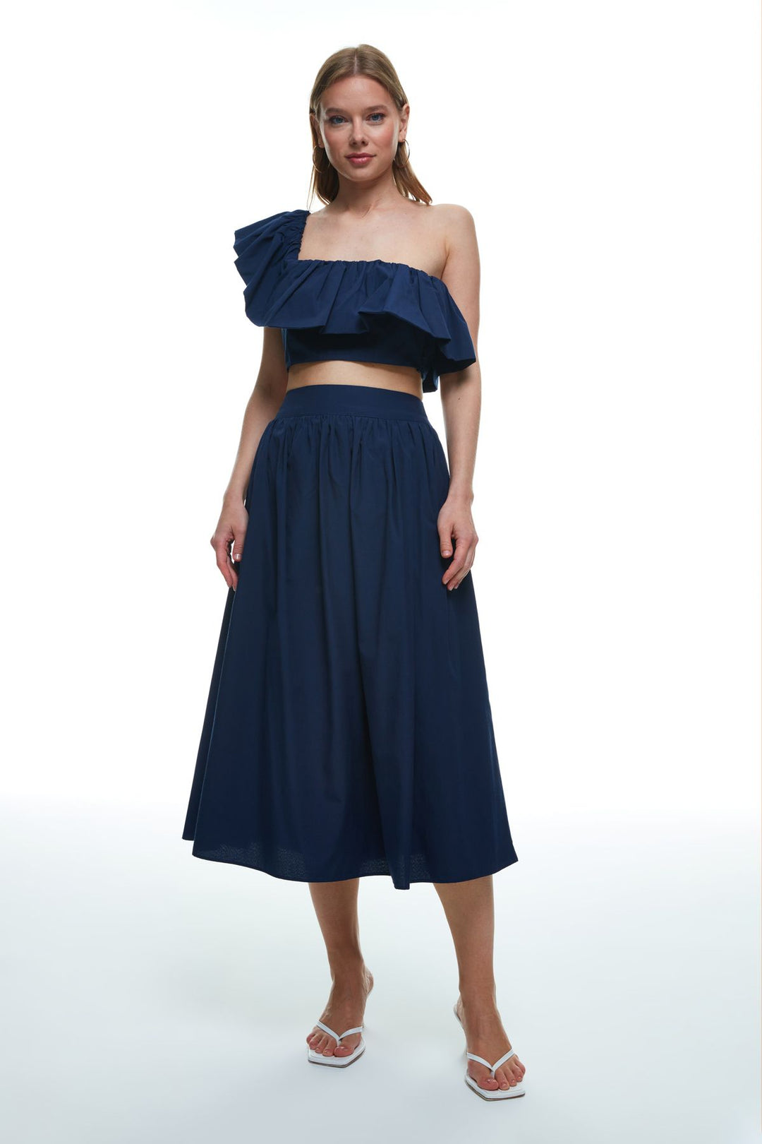 High Waist Pleated Detailed Midi Skirt Navy Blue