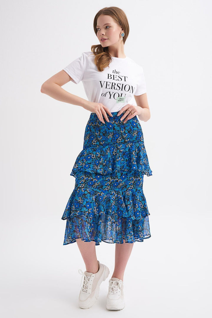 Desenli Fırfırlı Midi Etek Sax