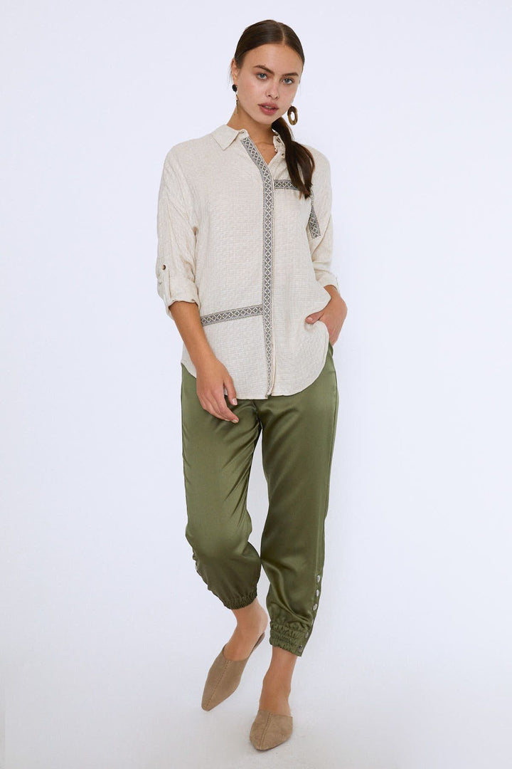 Şerit Detaylı Keten Gömlek Naturel