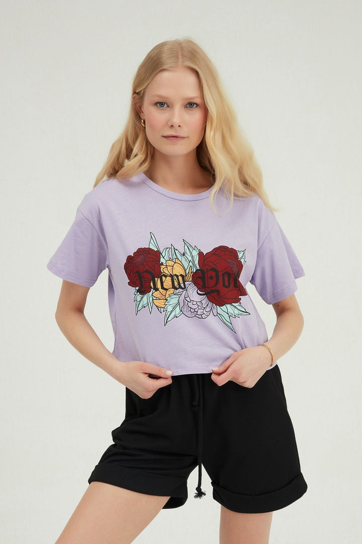 Baskılı Crop Tişört Lila