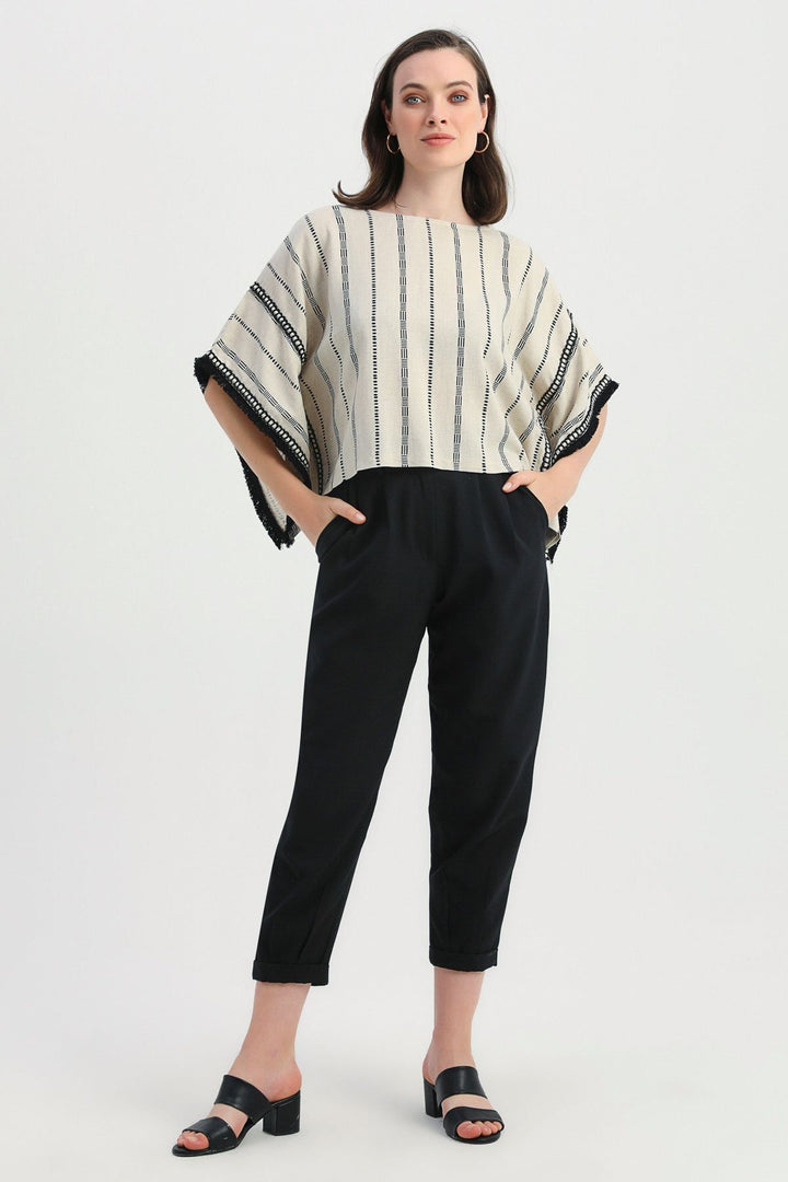 Patterned Tassel Detailed Linen Poncho Natural