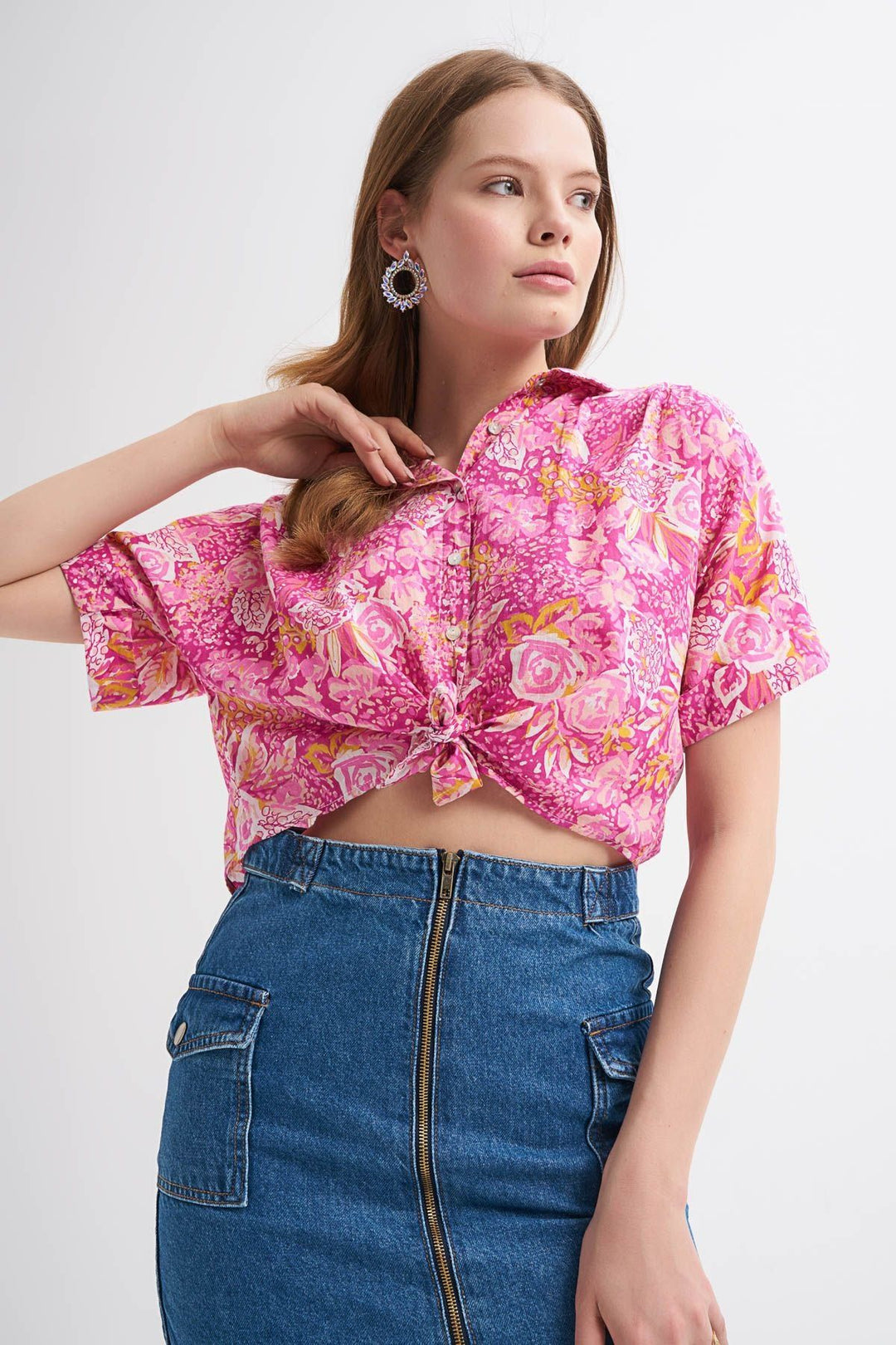 Desenli Kısa Kol Bağlamalı Gömlek Pembe