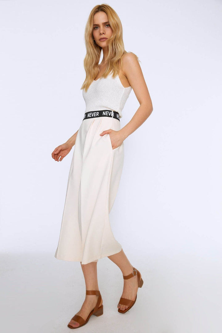 Ribbed Waist Wide Leg Trousers Ecru