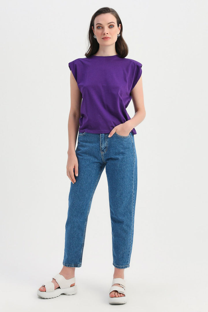 Vatkalı Kolsuz Basic Tişört Mor
