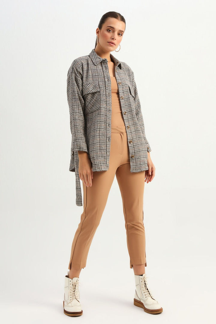 Beli Bağlamalı Tüvit Gömlek Bej