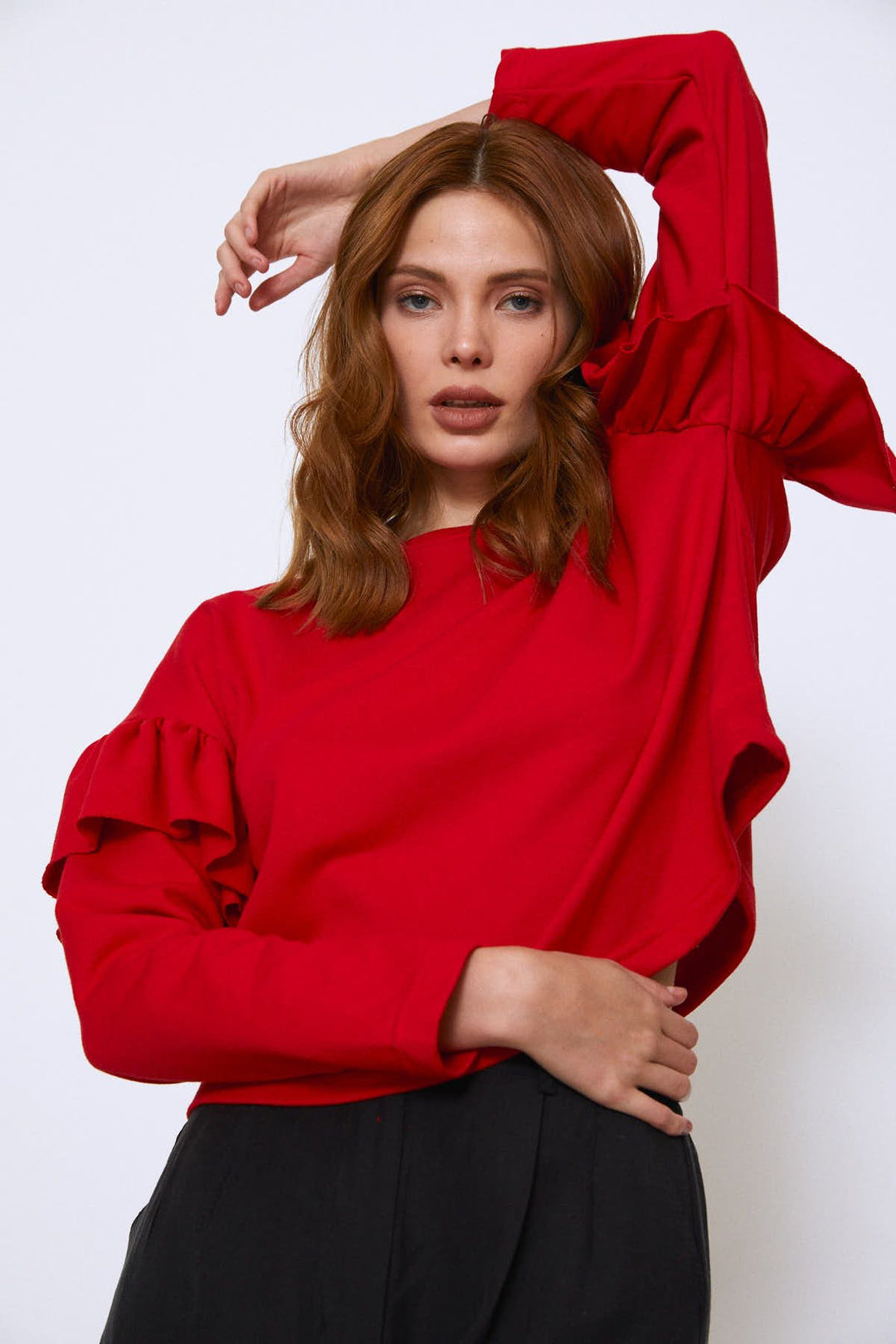 Crew Neck Sleeves Frilly Sweatshirt Red