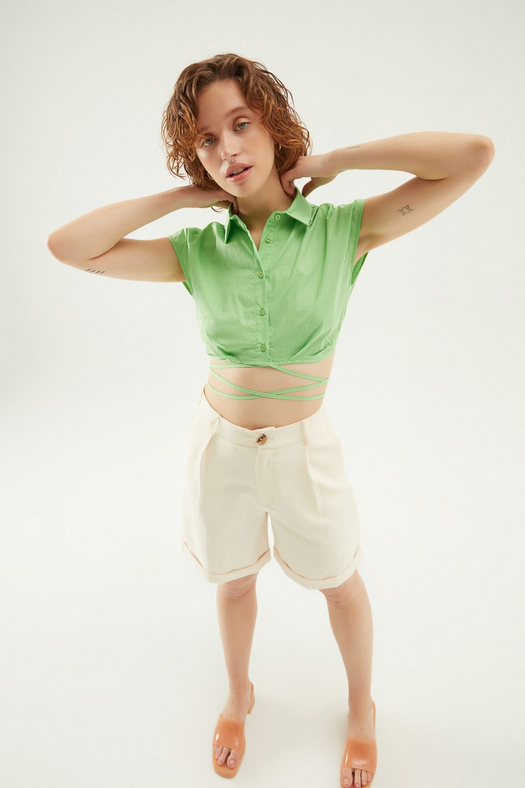 Bağlama Detaylı Düğmeli Crop Gömlek Yeşil