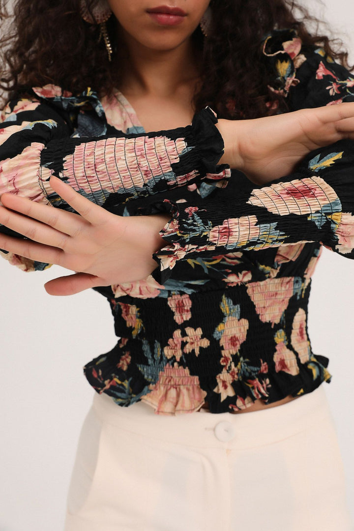 Floral Frilled Double Breasted Blouse Black