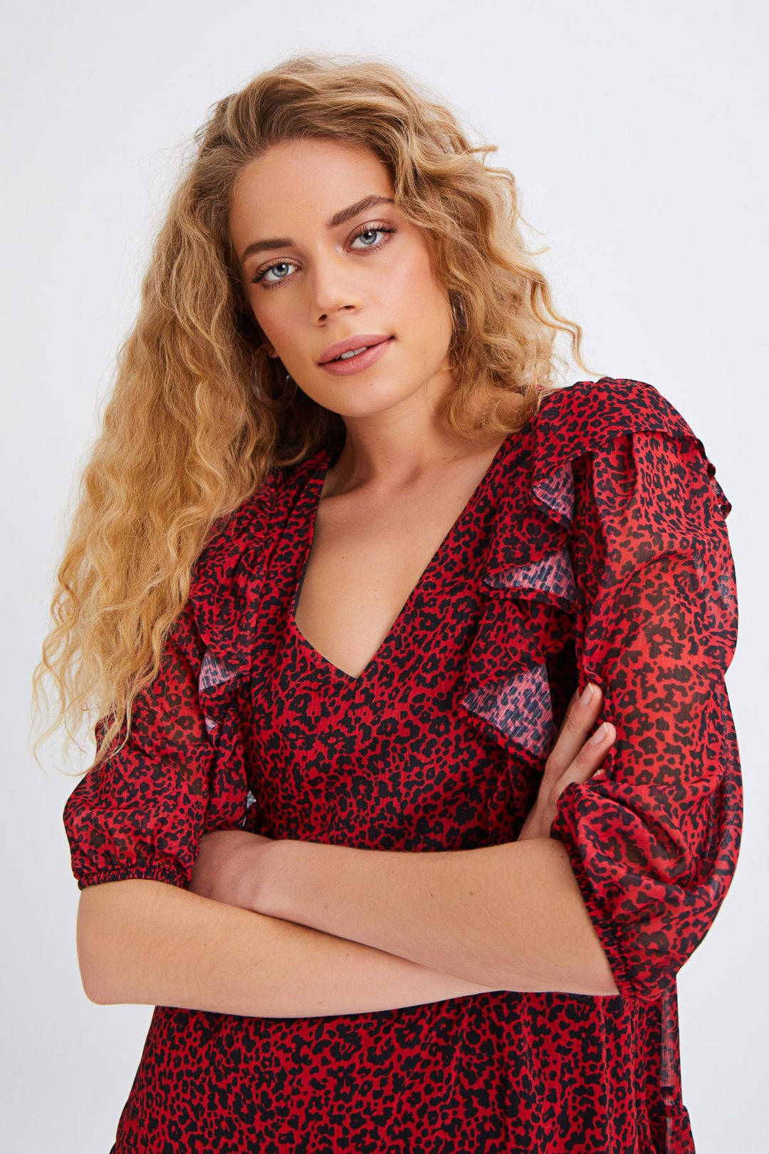 Patterned Ruffle V-Neck Dress Red