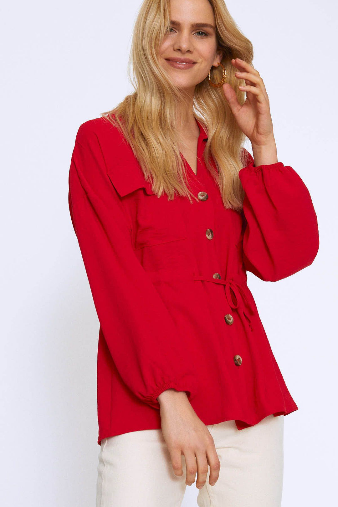 Tie Waist Pocket Shirt Red