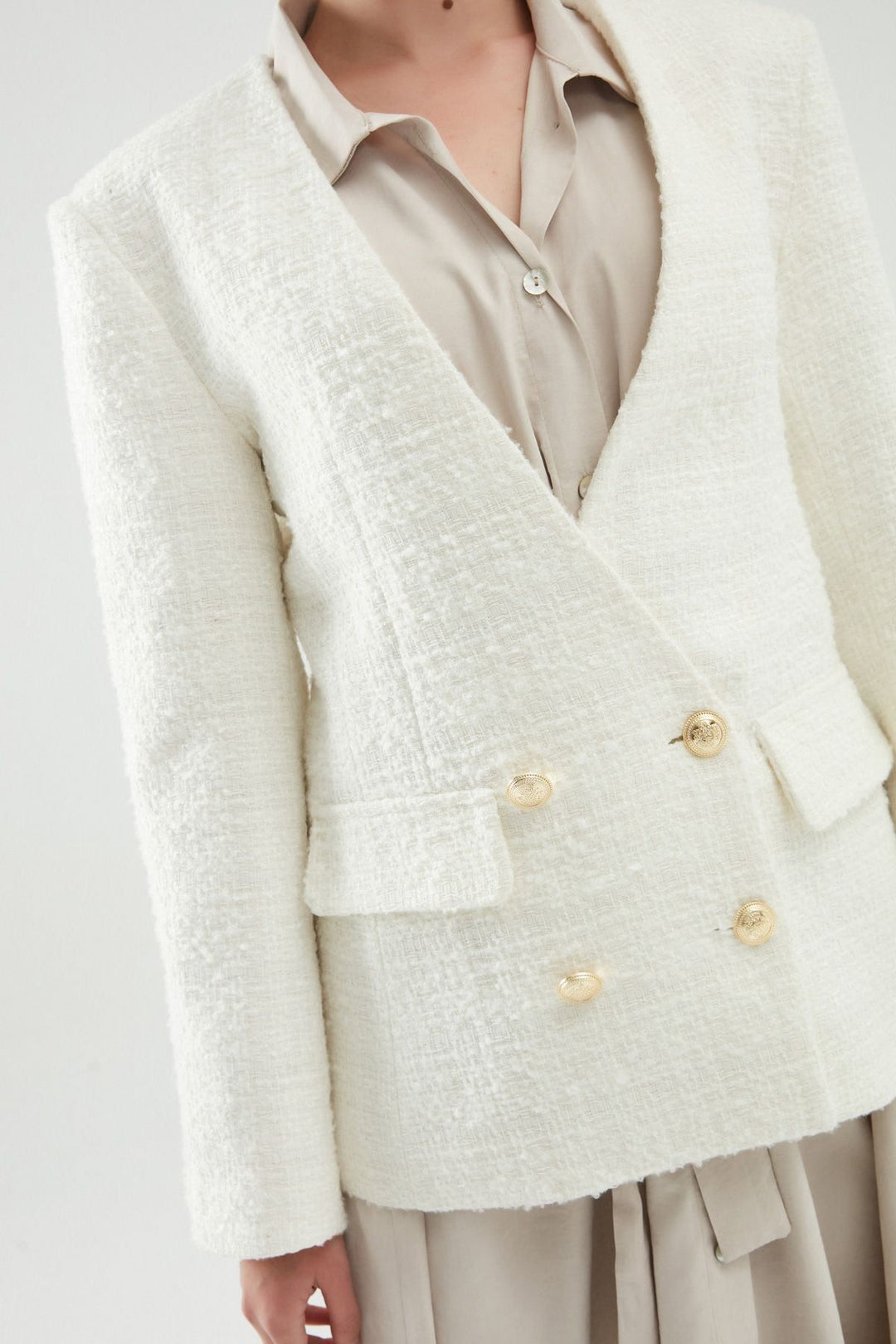 Double Breasted Tweed Blazer Jacket White