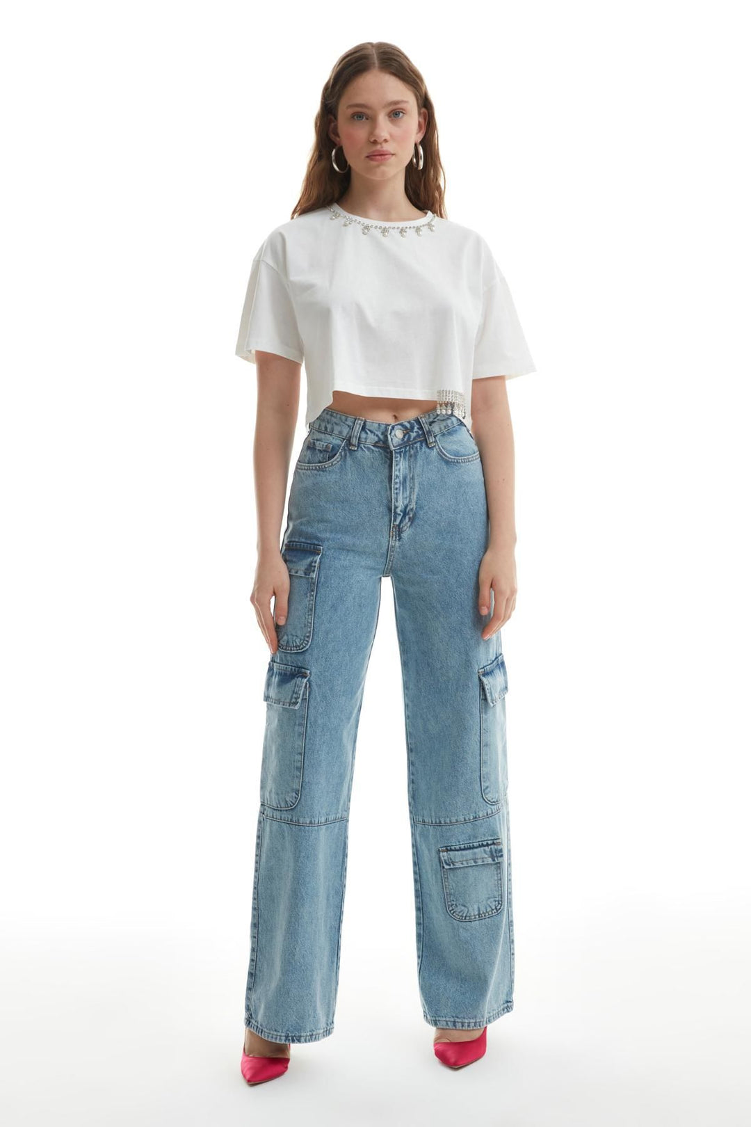 Pocket Detailed Cargo Jeans Ice Blue